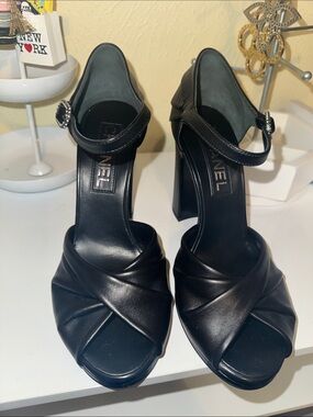 CHANEL Black Leather Ankle-Strap Heels